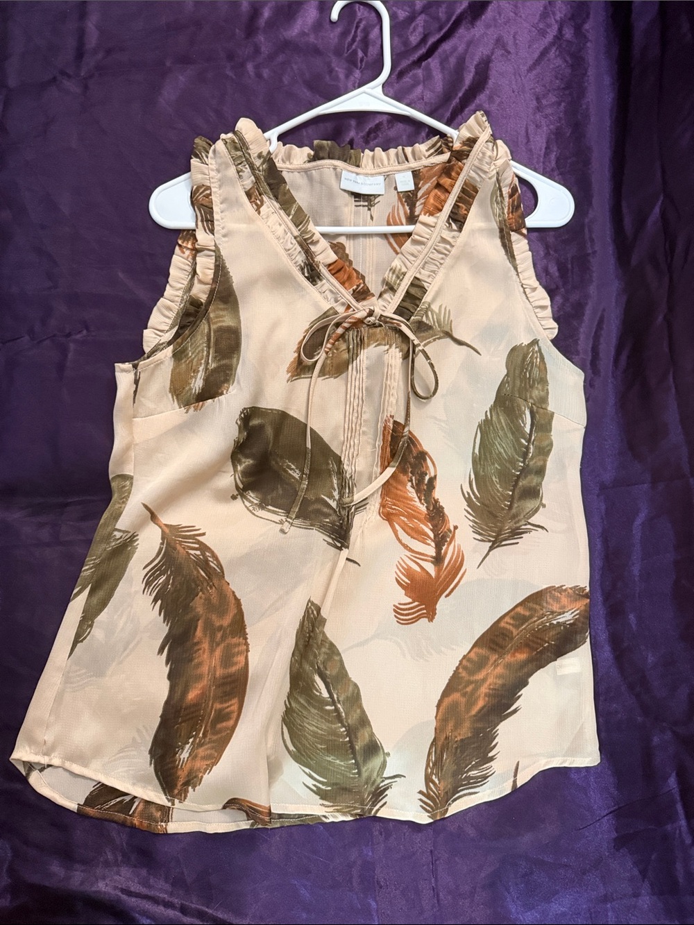 New York & Company Cream Feather-Print Ruffle Tie-Neck Shell
